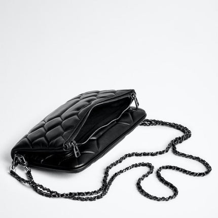 Chic Quilted Leather Crossbody Bag with Chain Strap & Tassel Detail(Pure black)
