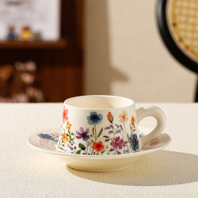 Vintage Floral Ceramic Coffee Cup & Saucer Set(White disc