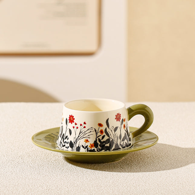 Vintage Floral Ceramic Coffee Cup & Saucer Set(Green disc