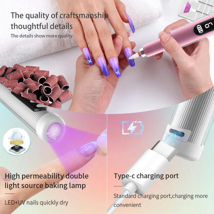 Portable Cordless Electric Nail Drill Kit with UV Lamp - 0-20000RPM, LED Display, 12 Bits(Grey)