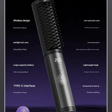 Cordless Hair Straightener Comb - 4 Temperature Settings, USB-C, PTC Heating(black)