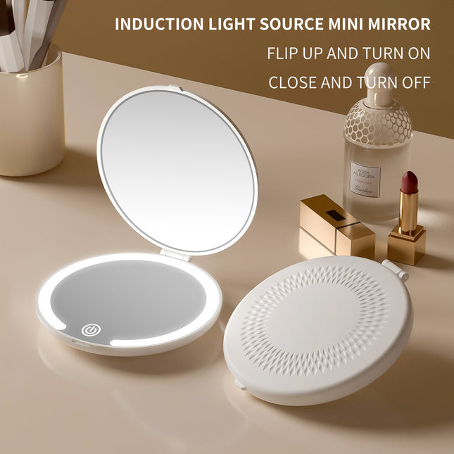 LED Lighted Travel Makeup Mirror - Double-Sided 1X/5X Magnification, USB-C Rechargeable, Induction Light(white)