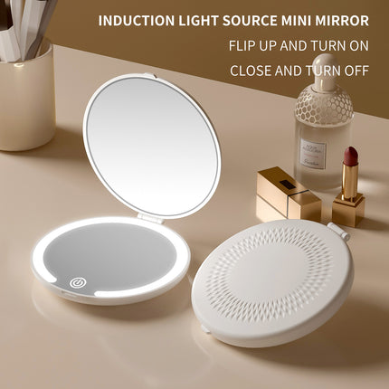 LED Lighted Travel Makeup Mirror - Double-Sided 1X/5X Magnification, USB-C Rechargeable, Induction Light(Khaki)