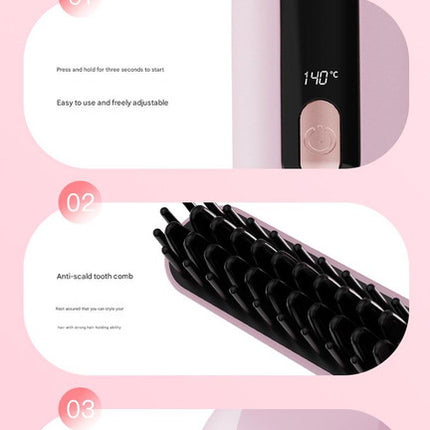 Cordless Hair Straightener Brush - 4000mAh USB-C Rechargeable, 4 Temps, Anti-Scald 3D Comb Design(Pink)