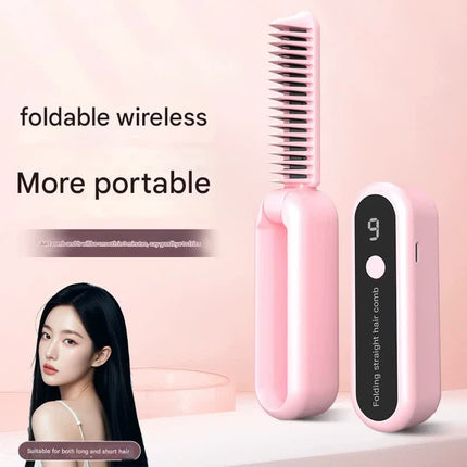 Foldable Wireless Hair Straightener Comb - 9 Temperature Settings, Anti-Scald, USB-C Rechargeable(yellow)