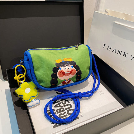 Whimsical Cartoon Girl Crossbody Bag - Lightweight Canvas with Adjustable Rope Strap & Flower Charm(green)
