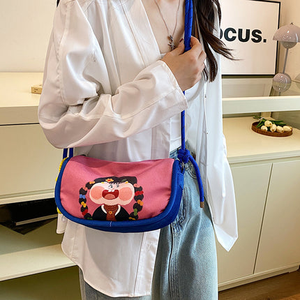 Whimsical Cartoon Girl Crossbody Bag - Lightweight Canvas with Adjustable Rope Strap & Flower Charm(Fruit green)