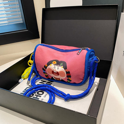 Whimsical Cartoon Girl Crossbody Bag - Lightweight Canvas with Adjustable Rope Strap & Flower Charm(Pink)