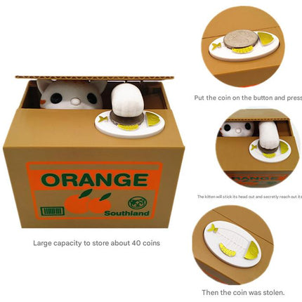 Adorable Cat Stealing Coin Piggy Bank - Automatic Money Saving Box for Kids & Adults(Grape gray cat)