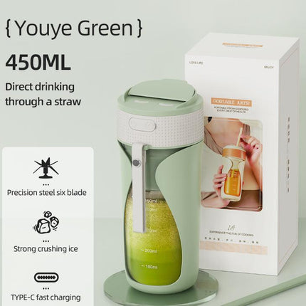 Portable Wireless Juicing Cup - 450ml, 6-Blade Ice Crusher, USB-C Fast Charging Smoothie Blender(green)