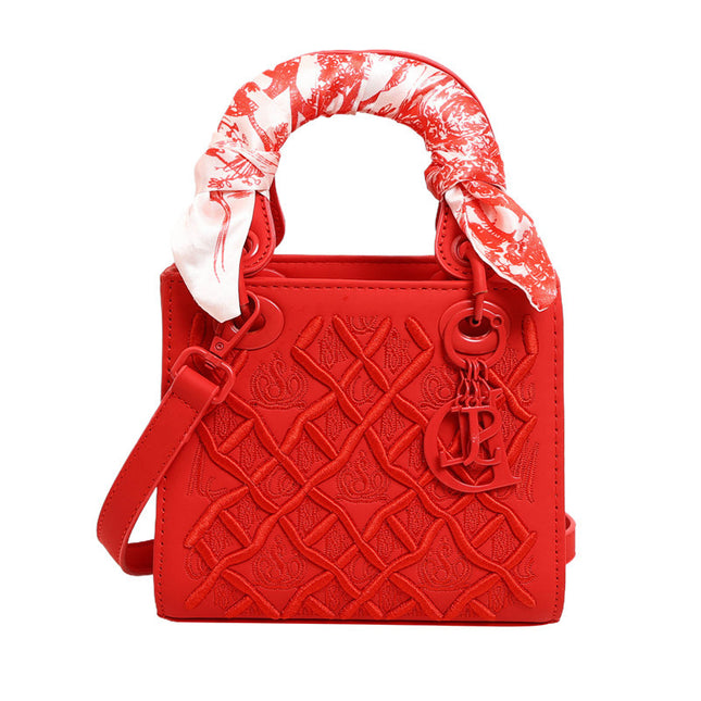 Elegant Embossed PU Leather Handbag with Scarf Detail
