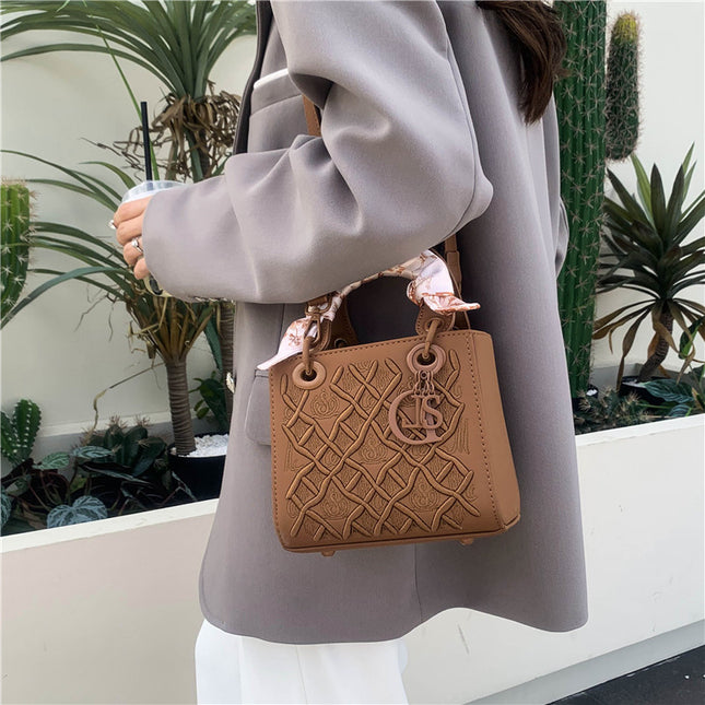Elegant Embossed PU Leather Handbag with Scarf Detail – product detail