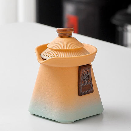 Artisan Ceramic Tea Pot with Built-in Strainer - 280ml, Gradient Finish & Wooden Accents(Yellow+cyan)