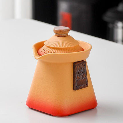 Artisan Ceramic Tea Pot with Built-in Strainer - 280ml, Gradient Finish & Wooden Accents(Yellow+red)