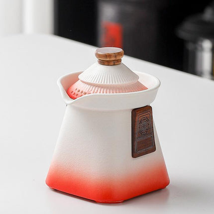 Artisan Ceramic Tea Pot with Built-in Strainer - 280ml, Gradient Finish & Wooden Accents(White+red)