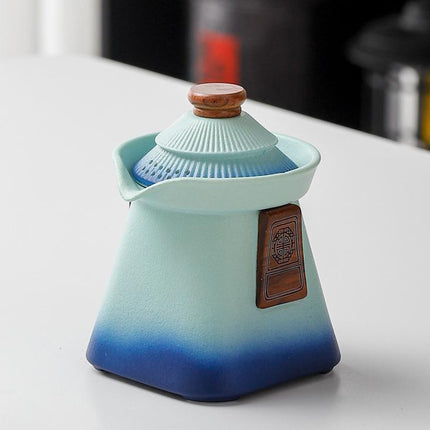 Artisan Ceramic Tea Pot with Built-in Strainer - 280ml, Gradient Finish & Wooden Accents(Blue+green)