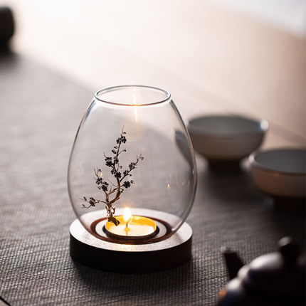Windproof Glass Candle Cover with Wood Base - For Tealights, Zen Home Accent (Plum blossom candlestick)
