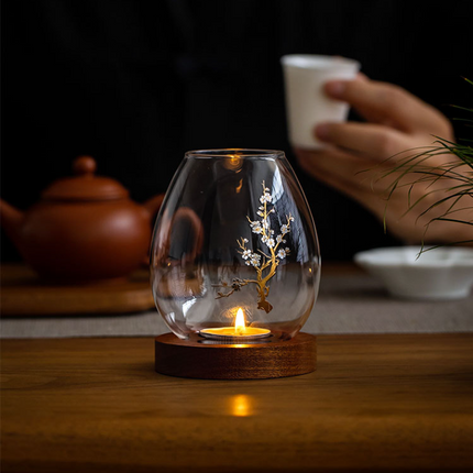 Windproof Glass Candle Cover with Wood Base - For Tealights, Zen Home Accent (Plum blossom candlestick)