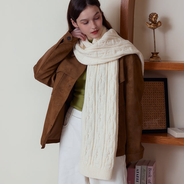 White Classic Textured Knit Scarf
