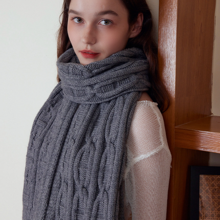 Gray Classic Textured Knit Scarf - Solid Color, Premium Soft Feel, Winter (176x26.5cm)