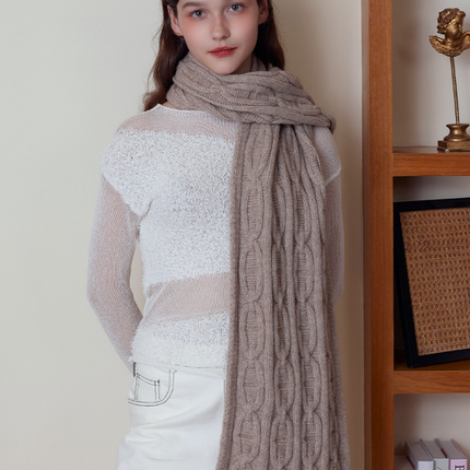 Khaki Classic Textured Knit Scarf - Solid Color, Premium Soft Feel, Winter (176x26.5cm)