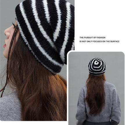 Trendy Dual-Tone Striped Beanie - Soft Plush Knit, Versatile Winter Cap (Black and white)