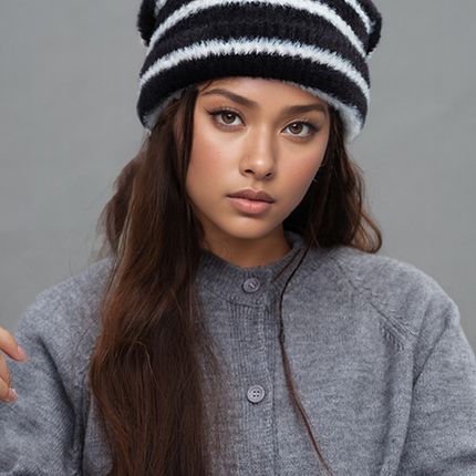 Trendy Dual-Tone Striped Beanie - Soft Plush Knit, Versatile Winter Cap (Black and white)