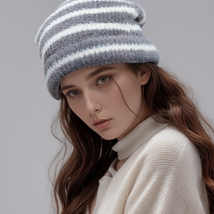 Trendy Dual-Tone Striped Beanie - Soft Plush Knit, Versatile Winter Cap (Gray and white)