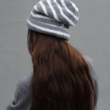 Trendy Dual-Tone Striped Beanie - Soft Plush Knit, Versatile Winter Cap (Gray and white)