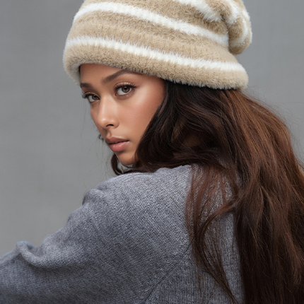Trendy Dual-Tone Striped Beanie - Soft Plush Knit, Versatile Winter Cap (Khaki and white)