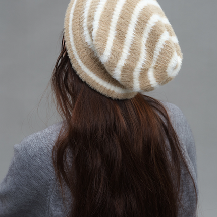 Trendy Dual-Tone Striped Beanie - Soft Plush Knit, Versatile Winter Cap (Khaki and white)