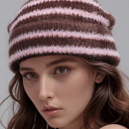 Trendy Dual-Tone Striped Beanie - Soft Plush Knit, Versatile Winter Cap (Pink and brown)