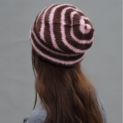 Trendy Dual-Tone Striped Beanie - Soft Plush Knit, Versatile Winter Cap (Pink and brown)