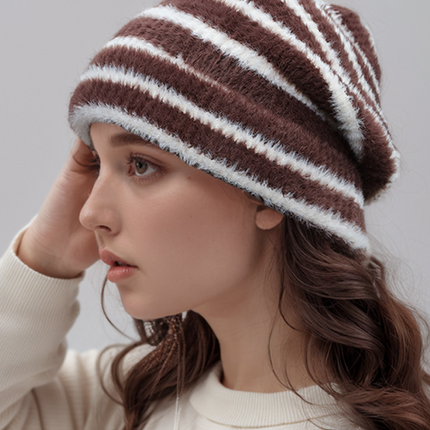 Trendy Dual-Tone Striped Beanie - Soft Plush Knit, Versatile Winter Cap (Brown and white)
