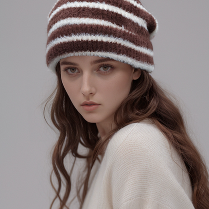Trendy Dual-Tone Striped Beanie - Soft Plush Knit, Versatile Winter Cap (Brown and white)