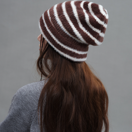 Trendy Dual-Tone Striped Beanie - Soft Plush Knit, Versatile Winter Cap (Brown and white)