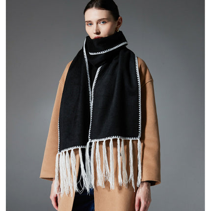 Black Contrast Edge & Tassel Scarf - Chic Autumn/Winter Neckwear (190x30cm)