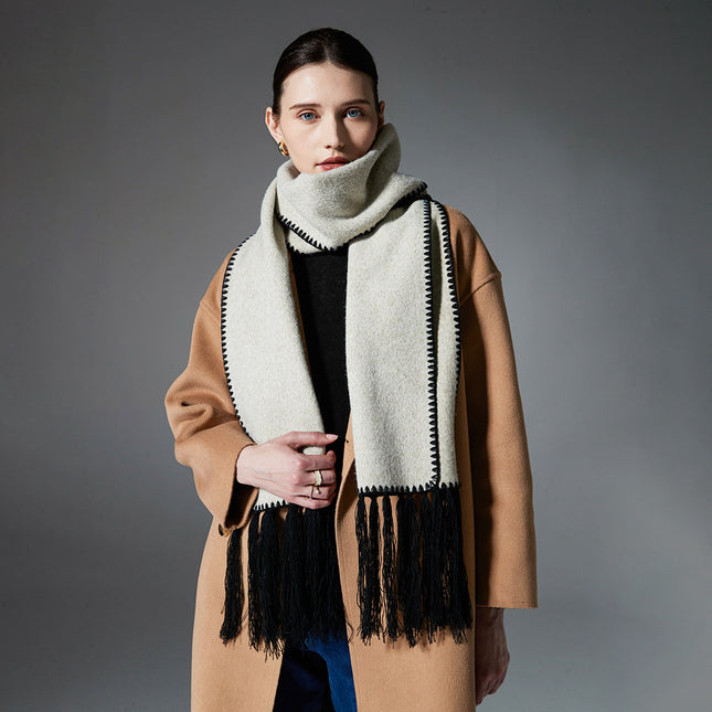 Beige Contrast Edge & Tassel Scarf