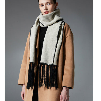 Beige Contrast Edge & Tassel Scarf - Chic Autumn/Winter Neckwear (190x30cm)