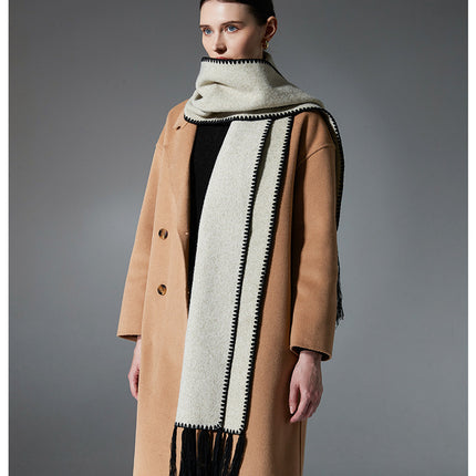 Beige Contrast Edge & Tassel Scarf - Chic Autumn/Winter Neckwear (190x30cm)