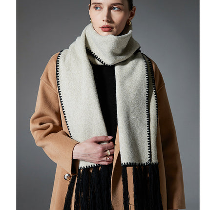 Beige Contrast Edge & Tassel Scarf - Chic Autumn/Winter Neckwear (190x30cm)