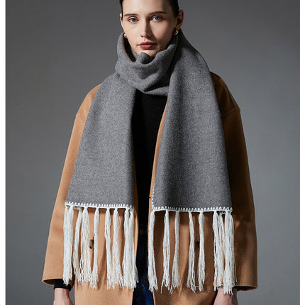 Gray Contrast Edge & Tassel Scarf - Chic Autumn/Winter Neckwear (190x30cm)