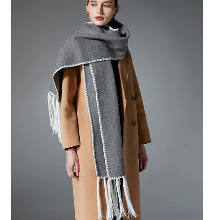 Gray Contrast Edge & Tassel Scarf - Chic Autumn/Winter Neckwear (190x30cm)