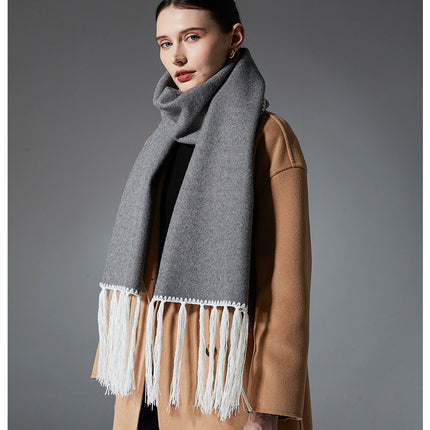 Gray Contrast Edge & Tassel Scarf - Chic Autumn/Winter Neckwear (190x30cm)