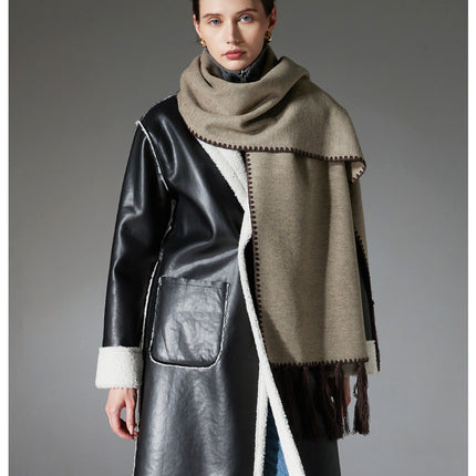 Dark brown Contrast Edge & Tassel Scarf - Chic Autumn/Winter Neckwear (190x30cm)