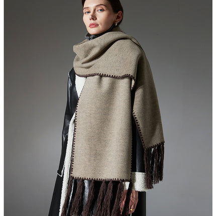 Dark brown Contrast Edge & Tassel Scarf - Chic Autumn/Winter Neckwear (190x30cm)