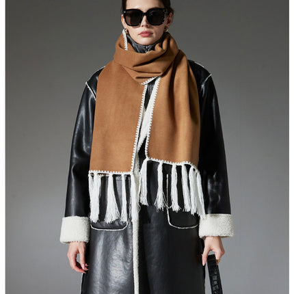 Camel Contrast Edge & Tassel Scarf - Chic Autumn/Winter Neckwear (190x30cm)