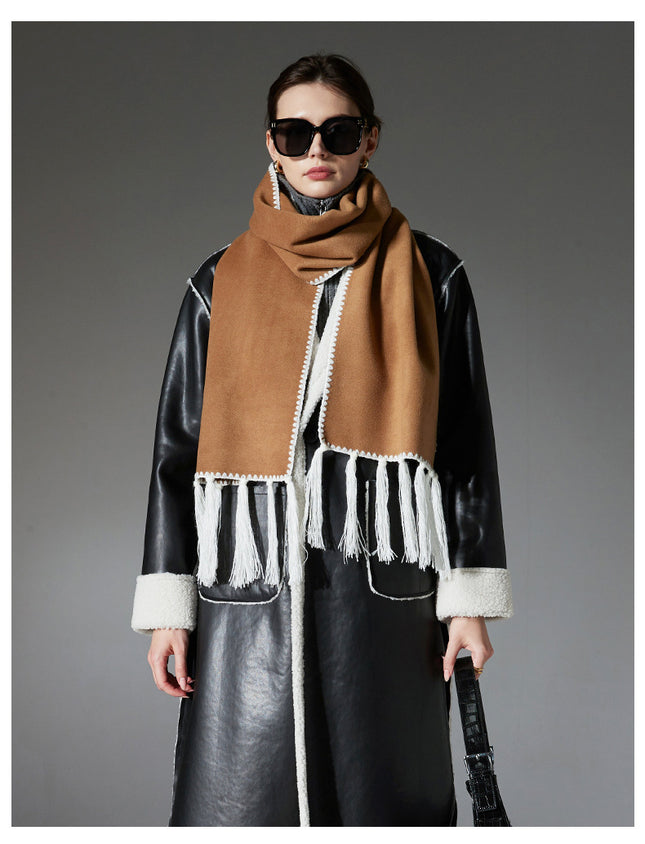 Camel Contrast Edge & Tassel Scarf