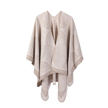 Khaki Geometric Print Cape - Cozy Knit Poncho for Women (165x130cm)