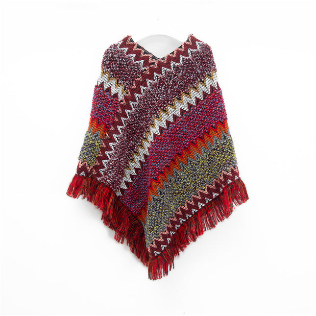 Wine red Lightweight Chevron Knit Poncho for Women